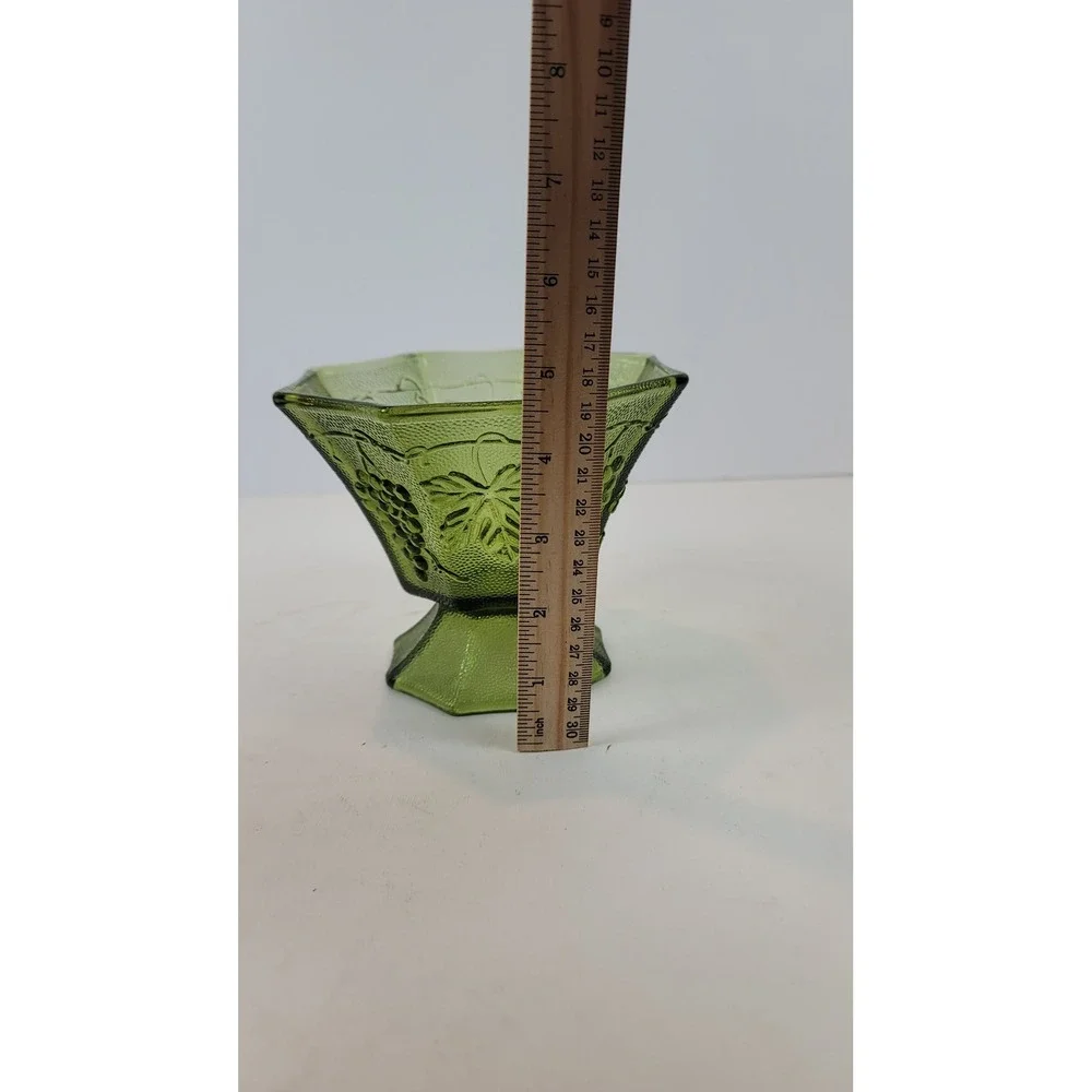 Vintage Green Glass Grape Leaf Compote Pedestal Bowl Octagon Mid Century 5.5in